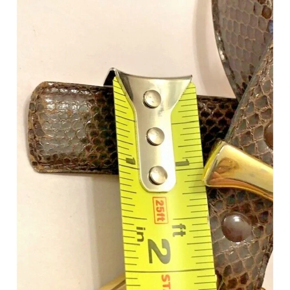 VTG Brown Snakeskin Belt Womens S Leather Gold Chunky Buckle Western Boho Retro